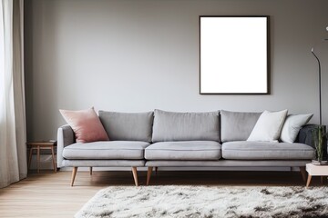 Mock up of poster frame for modern living room with sofa