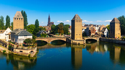 Medieval bridge Ponts Couverts from Barrage Vauban in Strasbourg, Alsace, France - obrazy, fototapety, plakaty