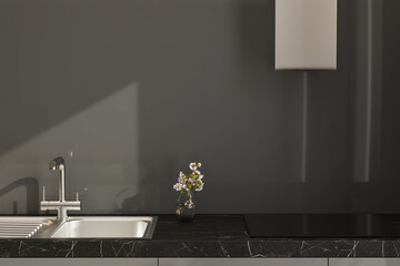 Close up of grey countertops with built in sink standing in modern kitchen with chopping board, knife, flowers and dark gray walls. 3d rendering