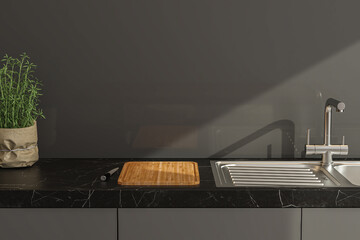 Dark grey kitchen design - detail of interior. Empty island or table countertop in modern kitchen room. 3d rendering