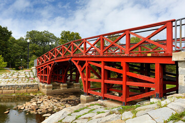 Red Wood bridge  at Elm Park in Worcester, Massachusetts. Elm Park is an historic park in Worcester, Massachusetts