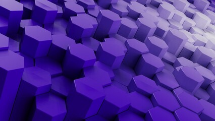 Abstract background with waves made of purple-white gradation futuristic honeycomb mosaic hexagon geometry primitive forms that goes up and down under blue back-lighting. 3D illustration. 3D CG.