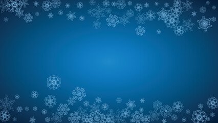 New Year snowflakes on blue background with sparkles. Horizontal Christmas and New Year snowflakes  falling. For season sales, special offer, banners, cards, party invites, flyer. White frosty snow
