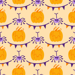 Seamless pattern with pumpkins and spiders, Halloween