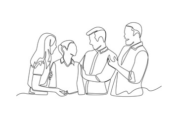 One continuous line drawing of young male and female workers discussing about company project together. Coworking concept. Single line draw design vector graphic illustration.