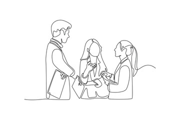 One continuous line drawing of creative team discussing something. Coworking concept. Single line draw design vector graphic illustration.