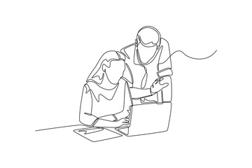 Fototapeta na wymiar One continuous line drawing of young male and female doing work and discussion for project with laptop. Coworking concept. Single line draw design vector graphic illustration.