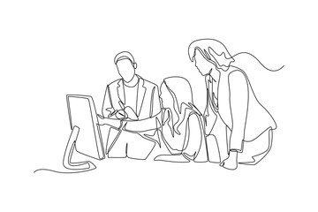 One continuous line drawing of team workers discussing data on computer screen in the office. Coworking concept. Single line draw design vector graphic illustration.