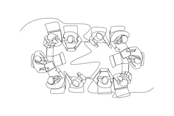 One continuous line drawing of businessman team brainstorming or meeting at table from top view. Coworking concept. Single line draw design vector graphic illustration.