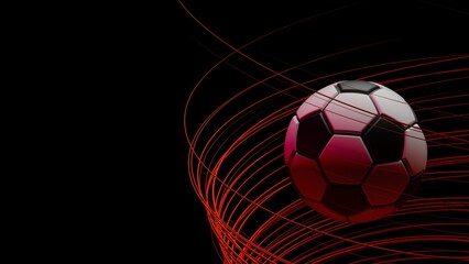 Naklejka premium Black-white soccer ball with red illuminated spiral laser beam particles under black-red lighting background. 3D illustration. 3D high quality rendering. 3D CG.