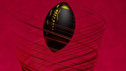 Black-gold American foot ball with red illuminated spiral laser beam particles under black-red lighting background. 3D illustration. 3D high quality rendering. 3D CG.