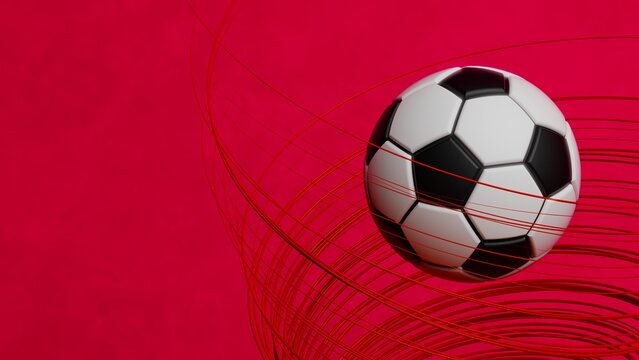 Black-white soccer ball with red illuminated spiral laser beam particles under black-red lighting background. 3D illustration. 3D high quality rendering. 3D CG.