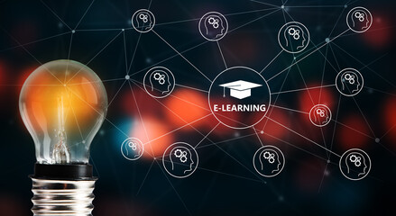 Obraz premium Glowing light bulb and E-learning icons