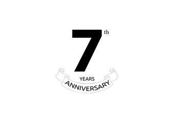 Vector illustration of 7 years anniversary logo with black color on white background. Black and white anniversary logo celebration. Good design for invitation, banner, web, greeting card, etc.
