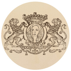 Lady Royal: pen and ink style illustration of a royal crest with portrait of a princess. 