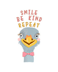 Png illustration of a cute ostrich with hand lettering, reminding people to be kind. 