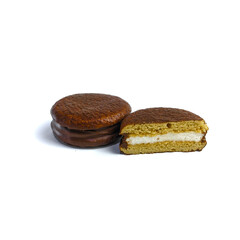 Delicious choco pies with marshmallow on white background. Classic snack cakes