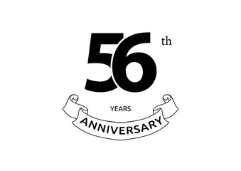 Vector illustration of 56 years anniversary logo with black color on white background. Black and white anniversary logo celebration. Good design for invitation, banner, web, greeting card, etc.
