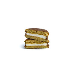 Delicious choco pies with marshmallow on white background. Classic snack cakes