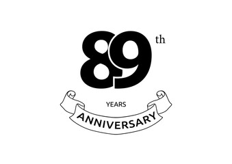 Vector illustration of 89 years anniversary logo with black color on white background. Black and white anniversary logo celebration. Good design for invitation, banner, web, greeting card, etc.
