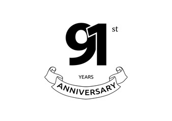 Vector illustration of 91 years anniversary logo with black color on white background. Black and white anniversary logo celebration. Good design for invitation, banner, web, greeting card, etc.
