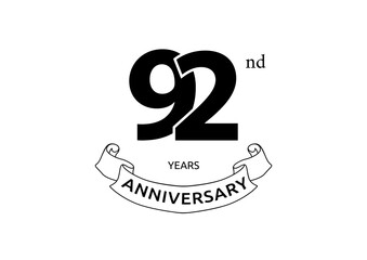Vector illustration of 92 years anniversary logo with black color on white background. Black and white anniversary logo celebration. Good design for invitation, banner, web, greeting card, etc.

