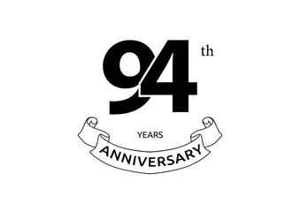 Vector illustration of 94 years anniversary logo with black color on white background. Black and white anniversary logo celebration. Good design for invitation, banner, web, greeting card, etc.
