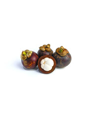Mangosteen and cross section showing the thick purple skin and white flesh of the queen of friuts, on white background