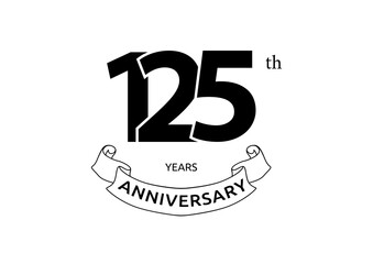 Vector illustration of 125 years anniversary logo with black color on white background. Black and white anniversary logo celebration. Good design for invitation, banner, web, greeting card, etc.
