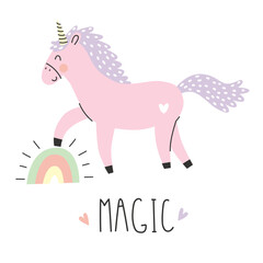 Cute pink unicorn with rainbow and lettering MAGIC. Vector illustration 