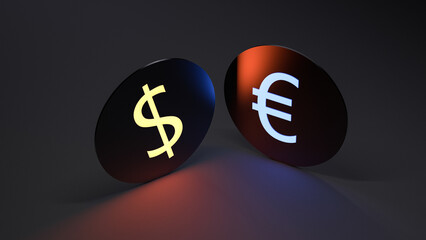 EURO and DOLLAR concept. EURO and DOLLAR glowing neon symbols. 3D render.
