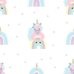 Seamless pattern with cute pink unicorn and rainbow. Vector illustration