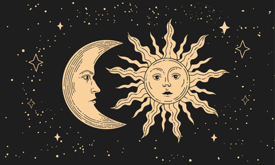 Sun vector linear illustration. Hand drawn celestial illustrations. Design elements for decoration in modern style. magical drawings. Vector modern print.