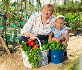 Portrait of elderly female gardener with preschool boy posing with freshly harvested greens and vegetables in homestead