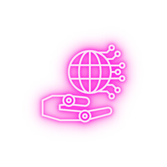 Robot hand earth globe neon icon