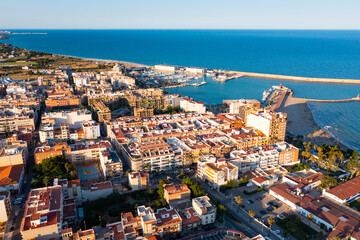 Fototapeta premium Drone photo of Benicarlo with view of port and residential buildings along sea coast. North of Province of Castello, Spain.