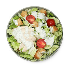 Bowl of delicious salad with Chinese cabbage, cucumber, meat and tomatoes isolated on white, top view