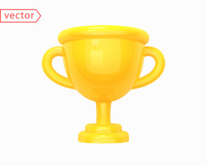 Golden cup in plastic cartoon style. Trophy cup. Champion trophy, sport award. Winner prize, champions celebration. Design element isolated on white background. Realistic 3D Vector illustration