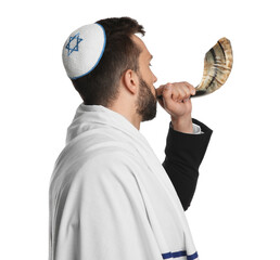 Jewish man with kippah and tallit blowing shofar on white background. Rosh Hashanah celebration