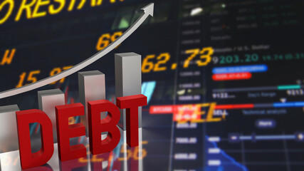 The red text debt and chart for business concept 3d rendering