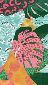 Abstract tropical plants loop. Hand drawn colorful leaves, shapes, scribbles. Monstera, banana palms. Animated painting, digital brush strokes. Fun retro animation. Vertical 80s-90s style background.