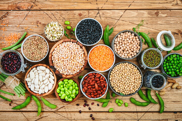 Legumes, beans and sprouts. Dried, raw and fresh, top view. Lentils, mung beans, chickpeas, soybeans, edamame, peas, Healthy diet food, vegan protein, micronutrients and fiber sources