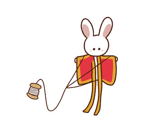 お正月の遊び　ウサギの凧上げのイラスト