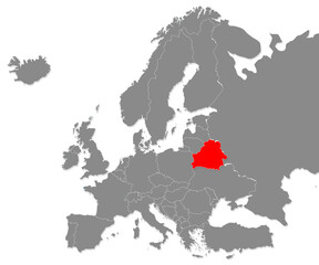 Map of Belarus highligted with red in Europe map