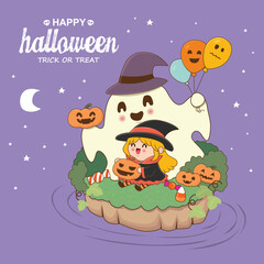 Vintage Halloween poster design with vector witch, ghost, jack o lantern character. 