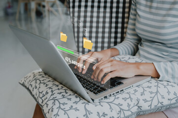 Transfer files data system relocation concept, Person hand using laptop computer waiting for...