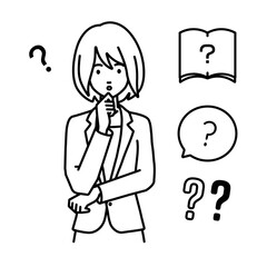 立って手をあごにあてて疑問を感じているスーツの女性 クエスチョンマークのセット