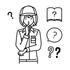 立って手をあごにあてて疑問を感じている作業員の女性 クエスチョンマークのセット