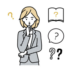 立って手をあごにあてて疑問を感じているスーツの女性 クエスチョンマークのセット