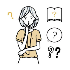 立って手をあごにあてて疑問を感じているオフィスカジュアルの女性 クエスチョンマークのセット